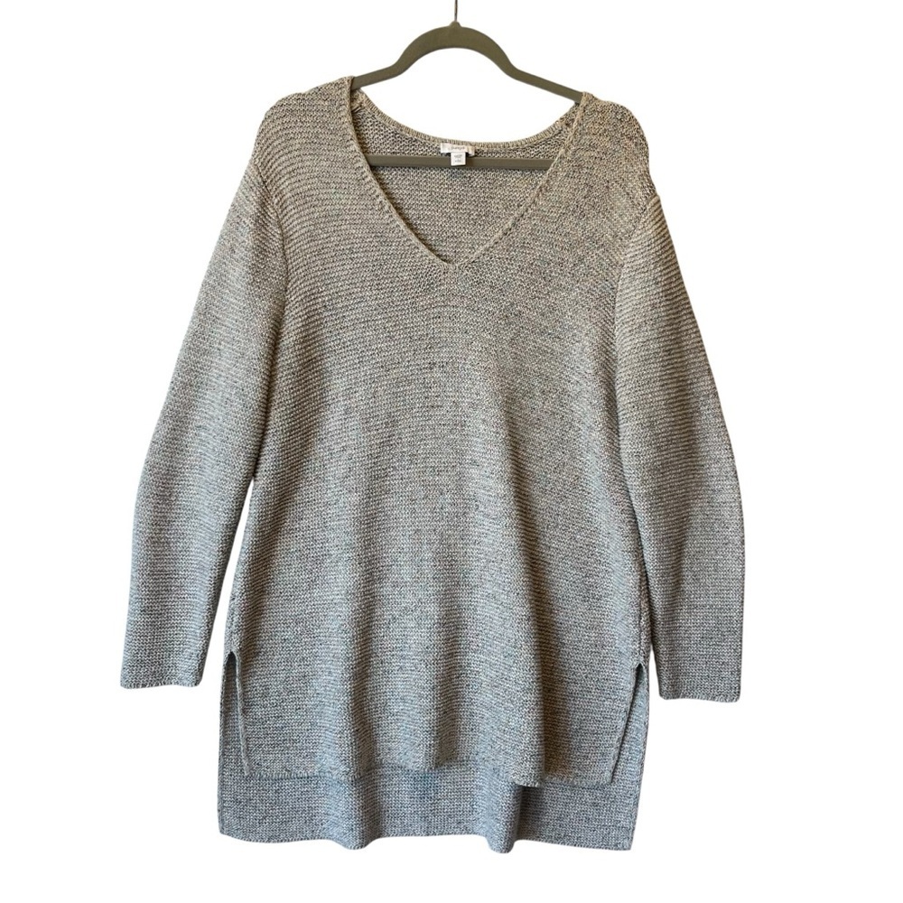 J Jill long Sweater Petite Large PL Gray confetti V-neck pullover Cotton blend
